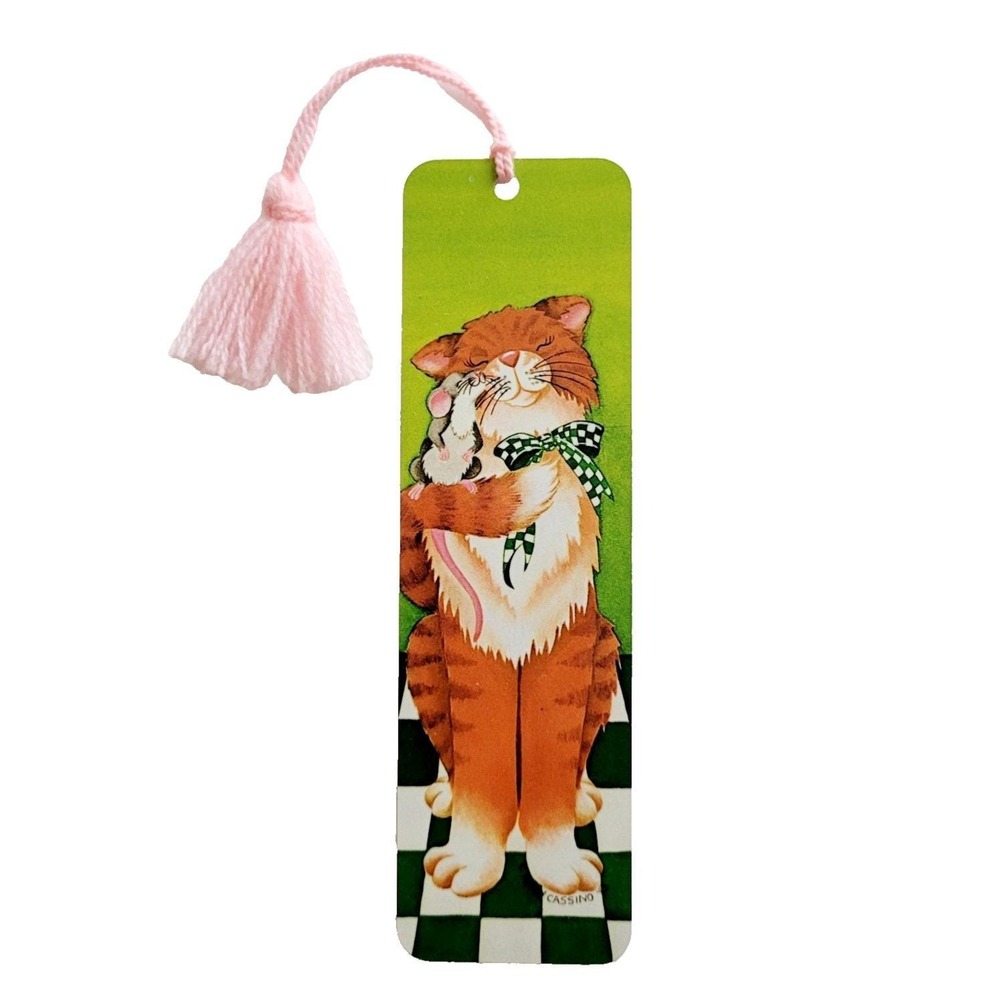 Vintage 80s Cat Mouse Bookmark Merry Cassino Whimsical Folk Art Tag-A-Longs 1984